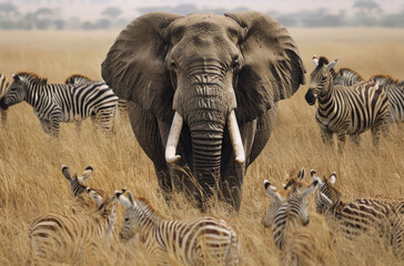 An elephant is surrounded by zebras and antelope in the Serengeti National Park, emerges from its majestic barbaric against an expansive savannah backdrop - obrazy, fototapety, plakaty