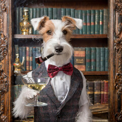 a well-mannered terrier wearing a smoking jacket 