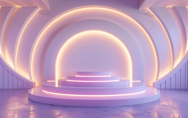 3D rendering sci-fi technology minimalist blue and gold stage podium with purple light.
