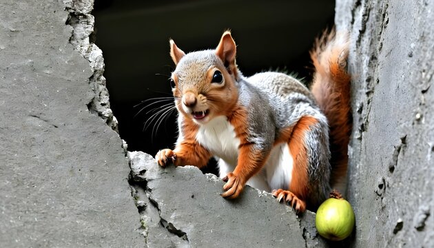 A Squirrel With A Nut Stashed In A Crevice