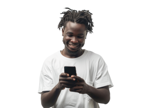 Young African Man Smiling with Phone