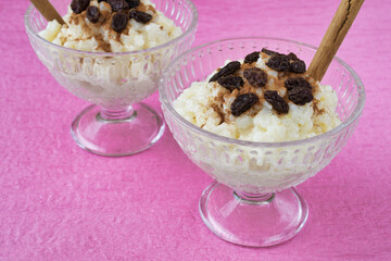 スペインやメキシコの米のデザート　アロス・コン・レチェ（メキシカン・ライス・プディング、スパニッシュ・ライス・プディング）　コピースペースあり
Spanish and Mexican rice dessert Arroz con leche（Mexican rice pudding,Spanish rice pudding) with copy space
