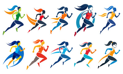 Fototapeta na wymiar Set of runner athlete girl sport logo, icon illustration & clipart