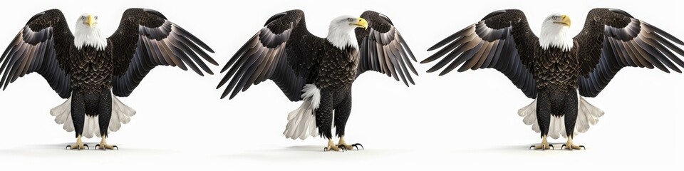 Obraz premium Set of four images of a bald eagle in different poses, flying and standing on a white background