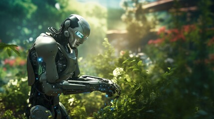 A robotic gardener tending to a lush green garden, watering plants and trimming bushes with precision and care. - obrazy, fototapety, plakaty