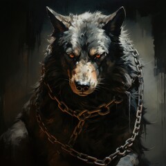 A fierce looking wolf with glowing red eyes and a chain around its neck