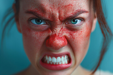 A woman with red makeup on her face is angry and has a red nose - obrazy, fototapety, plakaty
