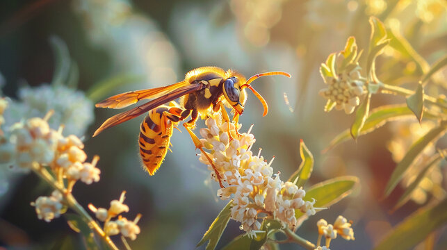 Yellowred hornet harvesting nectar from a flower, side view, detailed wing texture, morning ligh