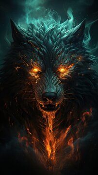 A demon wolf with glowing yellow eyes and fire coming out of its mouth