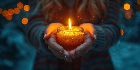 In the dark of night, a blonde woman holds a candle, symbolizing spirituality, faith, and hope.