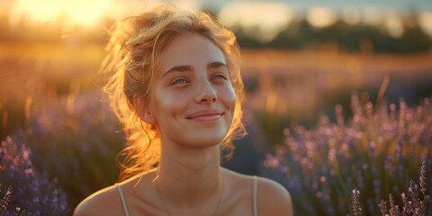 In a blooming lavender meadow at sunset, a joyful and cheerful young woman radiates beauty and happiness.
