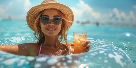 A stylish, smiling woman relaxes on an inflatable ring in the turquoise sea, sipping a refreshing cocktail.