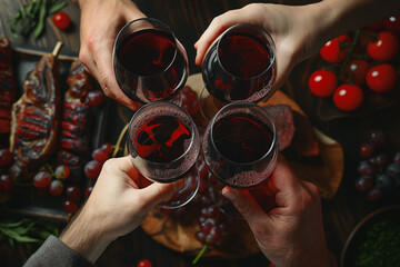 Four people are holding up their wine glasses in a toast