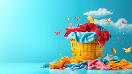 banner background National Laundry Day theme, and wide copy space, A cheerful cartoon hamper overflowing with socks, shirts, and pants