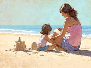 Mother and daughter building sandcastles together on the beach in summertime. Motherhood concept, happiness