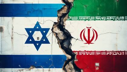 Broken wall with Israeli and Iranian flags