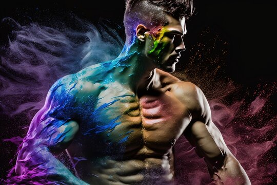 Handsome Strong Muscular Men with Splashes of Rainbow Body Painting Colors