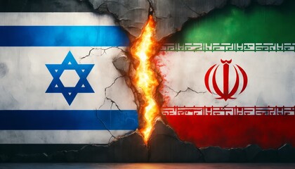 Broken wall with Israeli and Iranian flags - obrazy, fototapety, plakaty