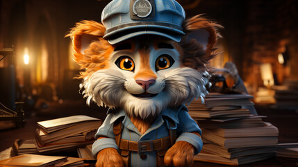 A 3D illustration of a lion wearing a hard hat and holding a blueprint, representing construction work