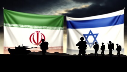Military standoff with Israeli and Iranian flags amidst fiery skies - obrazy, fototapety, plakaty