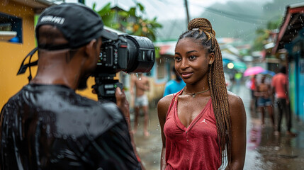 A reporter interviewing a local resident affected by a natural disaster, capturing the raw emotions and impact of the event
