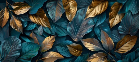 3D abstract art background with golden and teal leaves on dark blue, wallpaper design for wall decoration in the style of interior mural poster print modern painting illustration. 