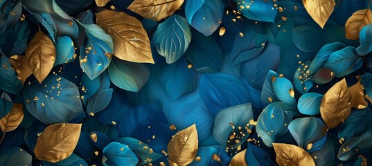 3D abstract art background with golden and teal leaves on dark blue, wallpaper design for wall decoration in the style of interior mural poster print modern painting illustration. 