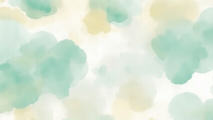 Hazy watercolor splashes of pastel Green Teal Gold and white Background