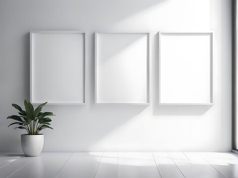  An empty white studio space with three poster frames standing on a spotless wall would provide a great backdrop for a mockup image design. 
