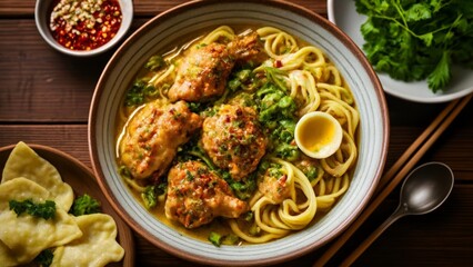  Delicious Asian noodle dish with chicken and vegetables ready to be savored