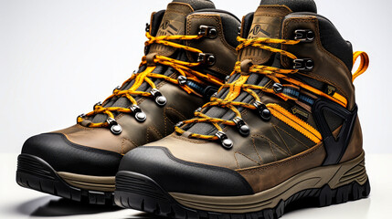 Hiking boots with sturdy soles and ankle support, designed for outdoor adventures, isolated on white background