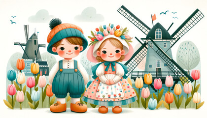 Girl and boy in traditional Dutch, Colorful illustration of cheerful children in Dutch traditional outfits surrounded by tulips and windmills.

