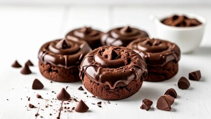 Chocolateglazed donuts with chocolate shavings and chocolatecovered pretzels - obrazy, fototapety, plakaty