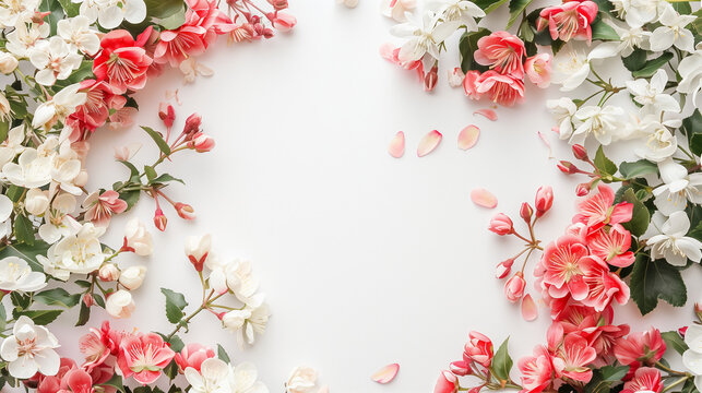 Spring white and pink flowers frame, space in the middle, with a white background
