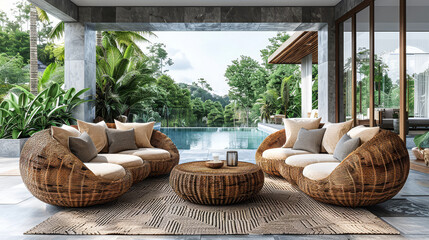 Resort-style 3D render of a luxurious rattan straw sofa set with a matching coffee table, positioned on a patio overlooking a swimming pool