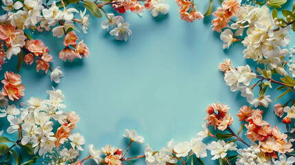 Spring white and orange flowers frame space in the middle, with a blue background