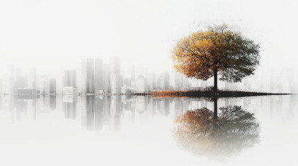 A tree is reflected in the water, with a city in the background