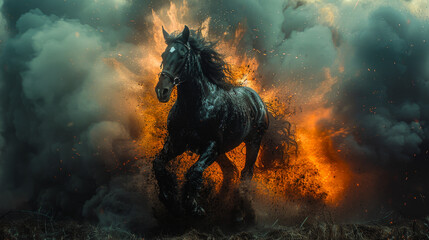 Black horse running in filed - obrazy, fototapety, plakaty