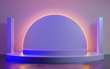 3D rendering sci-fi technology minimalist blue and gold stage podium with purple light.