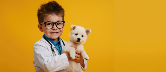 Cute little boy in a doctor's coat with glasses holding a white puppy on a yellow background, concept for pet health care and animal smart balance over an isolated color backdrop - obrazy, fototapety, plakaty