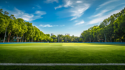 A green football pitch framed by tall trees under a blue sky.