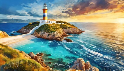 Generated image of lighthouse in the sea - obrazy, fototapety, plakaty