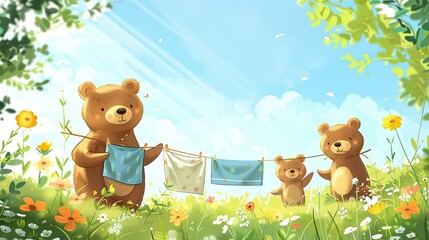 Obraz na płótnie Canvas banner background National Laundry Day theme, and wide copy space, A cute bear family hanging laundry on a sunny day
