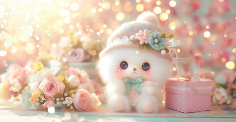 Lovely fluffy cute doll with copy space pastel color, baby doll