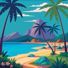 Fototapeta na wymiar Vibrant vector illustration of a serene tropical beach with palm trees and mountains