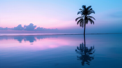 Fototapeta na wymiar a peaceful beach with a palm tree on a tropical island, the sky transitioning from blue to soft lavender and pink hues, reflecting on the calm sea. The palm tree stands elegantly, Generative AI
