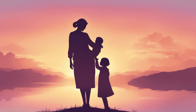 A digital illustration of a happy grandmother holding a child in her arms, silhouetted against a soft, pastel sunset background, evoking warmth and family love. Created Using: detailed silhouette, smo