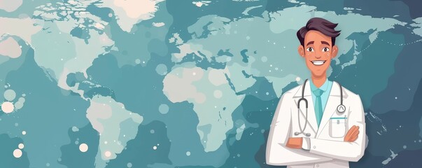 Cartoon doctor with a world map, space for text, global effort in addressing health challenges