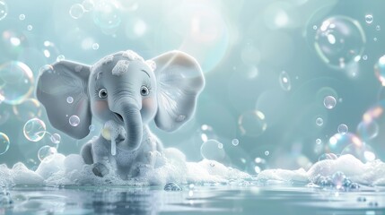 banner background National Laundry Day theme, and wide copy space, An adorable cartoon elephant using its trunk to do laundry, surrounded by soap bubbles, 