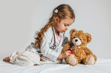 Little girl playing doctor with teddy bear isolated on white background